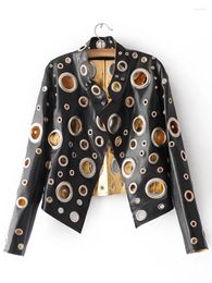 Women's Leather Runway Cut Out Short Faux Jacket Golden Rivet Cool Stylish Designer Clothes Women European American Fashion 2023