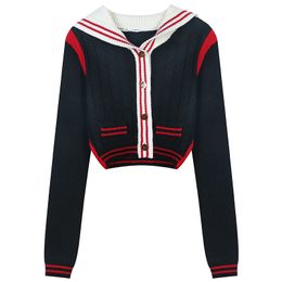 206 2023 Spring Summer Women Sweater Long Sleeve Lapel Neck Black Red Striped Puulover Womens YL6