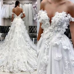 Flower A-Line Wedding Dresses Floral Lace Applique Off Shoulder Backless Long Bridal Gowns Sweetheart Neck 2023 Spring Summer Romantic Boho Bride Dress Custom Made