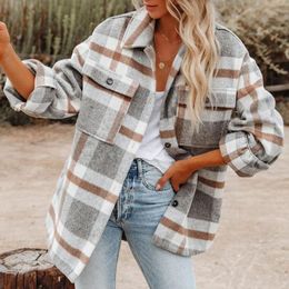 Women's Jackets Women Long Sleeve Wool Outwear Coat Vintage Plaid Printed Loose Tops Autumn Winter Turn Down Collar Buttoned CardiganWomen's