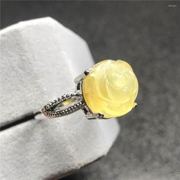 Cluster Rings Natural Yellow Amber Flower Carved Ring Jewellery For Woman Man Gift 12.5mm Beads Silver Gemstone Fashion Adjustable