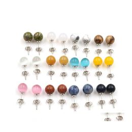 Stud 8Mm 10Mm Natural Stone Stainless Steel White Green Turquoise Opal Pink Rose Quartz Amethyst Crystal Stones Druzy Studs E Baby D Dhmom