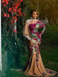 Long Sleeve Aso Ebi Mermaid Evening Dresses African Sequin Flowers gillter african prom occasion gown High Neck robe de soree