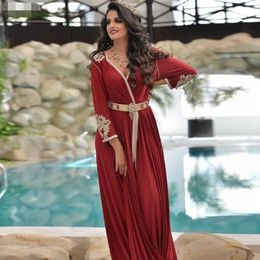 Simple Burgundy Embroidered Caftan Formal Dress v neck Long Sleeves A-Line Muslim Prom Evening Gowns 2023 Arabic Abiye Gece Elbisesi