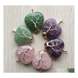 Charms Natural Amethyst Stone Tree Of Life Golden Wire Wrapped Love Heart Healing Pendants For Jewelry Marking Wholesale Drop Delive Dhgwt