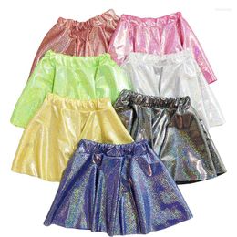 Stage Wear Kids Girls Glossy Skirt Metallic Flared Pleated Mini Dance Shiny High Elastic Hip Hop Costumes For Children