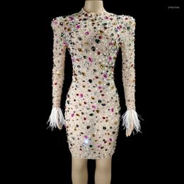 Stage Wear Colourful Crystals Pearls Sexy Mesh Dress Prom Evening Transparent Multicolor Rhinestones Costume Birthday Feather Sleeves