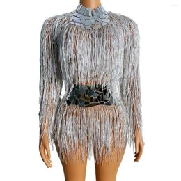 Stage Wear Trending Clothes Shinny Rhinestone Tassel Dress Sexy Backless Belly Dance Costumes Vestidos Mujer Night Out Outfit For Dj Bar