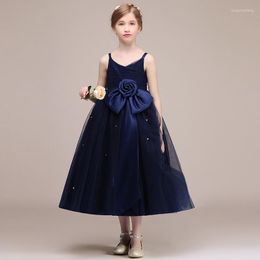 Girl Dresses Dideyttawl Party Dress For Kids Birthday Formal Communion Princess Gowns Navy Blue Tulle Bowtie Flower