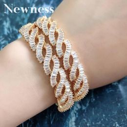 Bangle Adjustable Fashion Cubic Zirconia Baguette Bracelet Micro Pave Setting Cuff Copper Base With Gold-Color