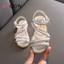 Sandals Summer Kids Girl Sandals Beading Pearl Princess Perform Children Shoes Slides Soft Bottom Open Toe Anti-slippery loop