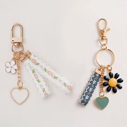 Keychains Retro Cute Sweet Fabric Green Flower Keychain Women Trinket Key Ring Car Bag Pendent Charms Ornament Girlfriend Jewellery Gift