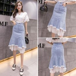 Skirts Denim Mesh Stitching Skirt 2023 Spring Summer Women Clothes High Waist One Step Hip Pleated Mid-Length Fishtail