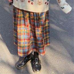 Skirts Japanese Rainbow High Waist A-Line Wool Plaid Skirt Female Students Preppy Style Wild Midi Skirt Women Autumn Long Skirt 230221