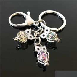 Keychains Lanyards Euroamerican Owl Pearl Cage Key Ring Can Open Hollow Noctilucent Volcanic Stone Pendant Keyrings Drop Delivery 20 Dhzyd