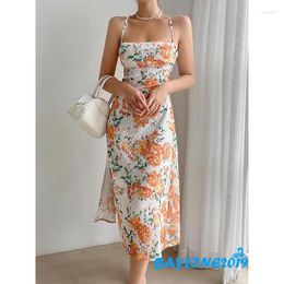 Women's T Shirts Bayline-Women Sling Dress Low-Cut Flowers Back Tie-Up Backless High Slit Slip