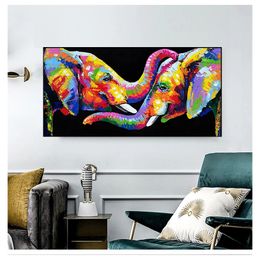 Canvas Paintings Wall Art Posters and Prints Couple Elephants Pictures for Living Room Decor Abstract Animals Colorful Elephant Woo