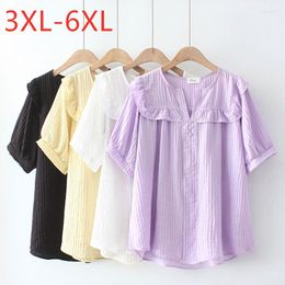 Shirt 2023 Ladies Summer Plus Size Top For Women Large Blouse Short Sleeve Loose Cotton White Purple V-neck 3XL 4XL 5XL 6XL