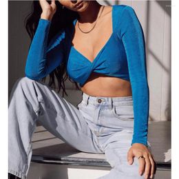 Women's T Shirts Women's Twist Front T-Shirts Y2k E-Girls Ladies Sexy V Neck Long Sleeve Solid Colour Slim Fit Crop Tops Summer 2023