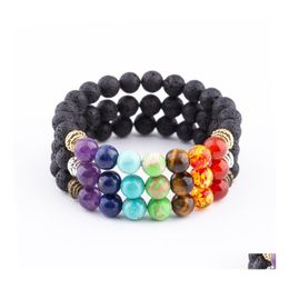 Beaded Strands 8Mm Lava Stone Seven Chakra Beaded Strand Bracelet Diy Aromatherapy Essential Oil Diffuser Bracelets For Women Men Y Dhnde