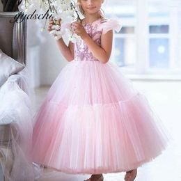 Girl Dresses Pink A-Line Flower Dress 2023 Party Kids Birthday Ankle Length Princess Beading Applique Lace Fluffy Tulle Backless