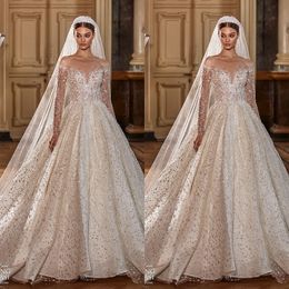 Junoesque A-line Wedding Dresses Jewel Long Sleeves Whole Body Shining Sequins Backless Zipper Floor Length Custom Made Plus Size Bridal Dress Vestidos De Novia