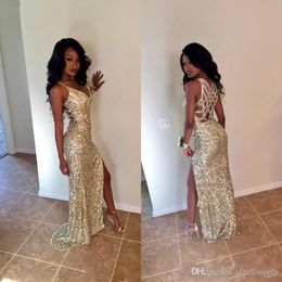 Gold Sequins Long Prom Dresses Sexy Thigh High Slits Magnetic Halter Vestidos De Fiesta Hollow Back Mermaid Prom Gowns BA2798