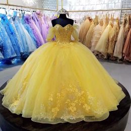 Quinceanera gula klänningar med halv ärmar Applique pärlor spetsar upp skräddarsydd söt prinsessa tävling boll klänning vestidos