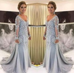 Casual Dresses Elegant Blue Silver Mother of the Bride Long Sleeves V Neck Godmother Evening Wedding Party Guest Gowns 230221