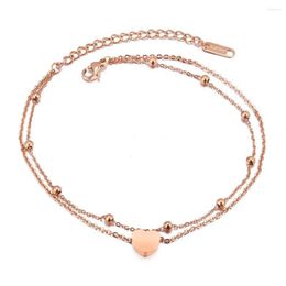 Anklets Fashion Heart Double Layer Anklet Charm Leg Jewelry For Women Girl Stainless Steel Rose Gold Color