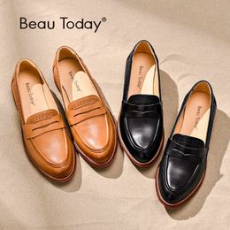 Dress Shoes BeauToday Penny Loafers Women Sheepskin Moccasin Genuine Leather Slip On Pointed Toe Flats Plus Size Handmade 27013 230220