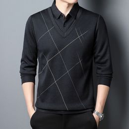 Men's TShirts BROWON Brand Graphic Shirts 2023 Autumn Long Sleeve Fake wopiece shirt Male Fashion Casual Plaid Shirt ops 230220