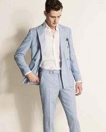 Men's Suits 2023 Blue Linen Men's Suit Bridegroom Tuxedo Tailor-Made Wedding Custom Double Breasted Male Blazer 2 Pcs(Jacket Pants)