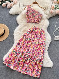 Work Dresses YuooMuoo Women Dress Set Summer Fashion Y2K Floral Print Crop Tops High Waist A-line Long Skirts Beach Ladies Two Piece Suits
