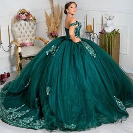 Party Dresses Emerald Green Quinceanera Ball Gown Birthday Dress Applique Lace Beading Off The Shoulder Up Graduation 230221