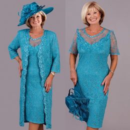 Casual Dresses Turquoise Lace Mother of the Bride with Wrap Plus Size Tea Length Wedding Party Gowns Vestidos De Novia Madrinha 230221