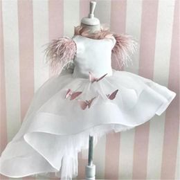 Girl Dresses White High Low FloweWhite Flower Girls With Feather Cap Sleeve Sweep Train Pageant Birthday Party Custo