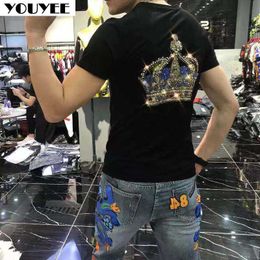 Men's T-Shirts Tshirt Men's Crown Rhinestone Slim Personality Summer Fashion Heavy Technology Mercerized Cotton High Quality Male Top Clothes Z0221