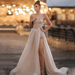 Party Dresses Sexy Glitter Wedding Dress Sleeveless High Slit 3D Flower Backless Sweetheart Bridal Gowns Long Court Train Robe De 230221