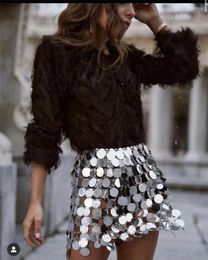 Skirts Women's Sequin Skirt Stainless Steel Metal Chain Plastic Geometric Sequins Sexy Hollow Out Solid Halloween Fashion Mini