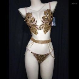 Stage Wear Pole Dancing Diamond Bra Gold Black Silver Rhinestones Bikini Set DJ Nightclub Bar Sexy Performance Costume Women