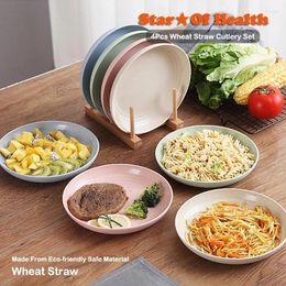 Plates 4Pcs Wheat Straw Plate Set Eco Friendly Dinner Round Dishes Fruit Bone Dish Kitchen Accessories Cutlery Picnic