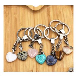 Key Rings Heart Shape Natural Stone Keychains Sier Color Healing Amethyst Pink Crystal Car Decor Keyholder For Women Men Je Baby Dro Dhbno