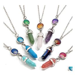 Pendant Necklaces Hexagonal Prism Crystal Pink Purple Quartz Natural Stone Chakra Fish Scale Druzy Drusy Necklace For Women Jewellery Dhj2O