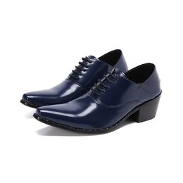 Blue Genuine Leather Oxford Shoes For Men Increase Height Mid Heel Brogue Shoes Lace Up Business Formal Shoes Man