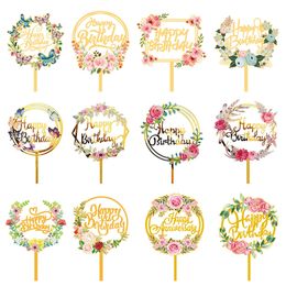 Cake Decoration Topper Card Floral Acrylic Cupcake Toppers Happy Birthday Cake Flower Topper Birthday Party Bakeware Tarjeta De Adorno Para Decoracion De Pasteles