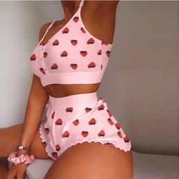 Bras Sets Underwear Set Women Sexy Soft Tank Crop Top Bra Set Cute Strawberry Print Bra Set Lace Seamless Bralette Pajamas Lingerie L230220