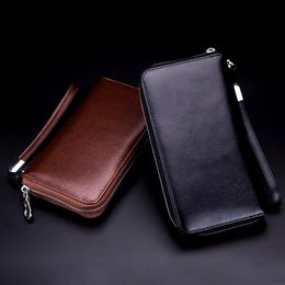 Men's Leather Wallet Zipper Long Purse Big Capacity Clutch Phone Bag Wrist Strap Coin Purses Card Holder For Male2227