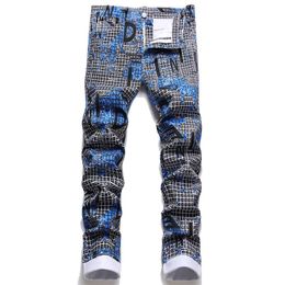 Men's Jeans Men Plaid Letters Digital Print Fashion Slim Tapered Stretch Denim Pants Streetwear Cotton TrousersMen's
