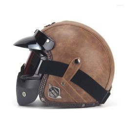 Motorcycle Helmets PU Leather 3/4 Open Face Vintage Bike Helmet With Goggle Mask E7CA